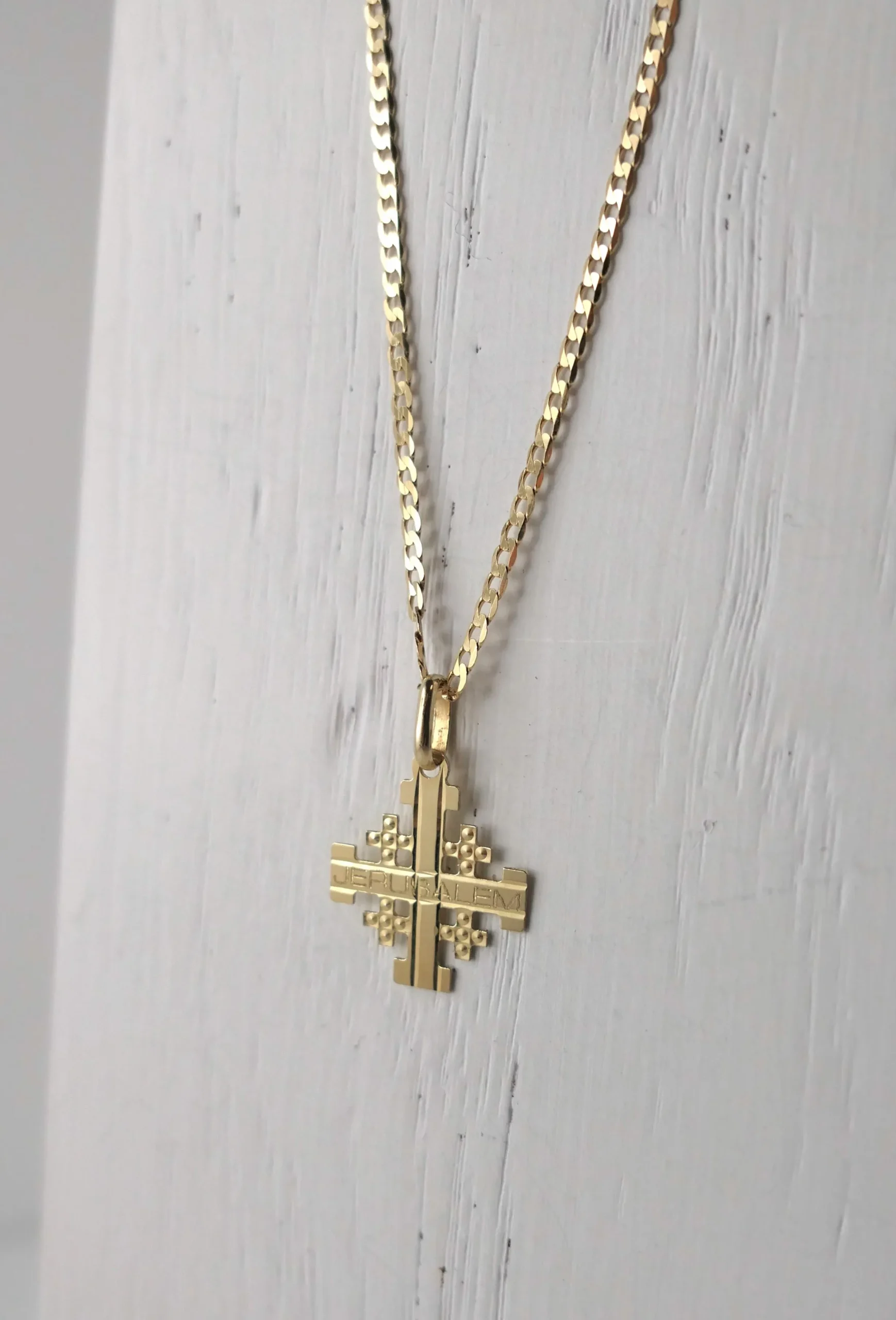 Krzyżyk jerozolimski złoty próba 585 - Chrzest, Komunia Św. + łańcuszek pancerka 45-50 cm